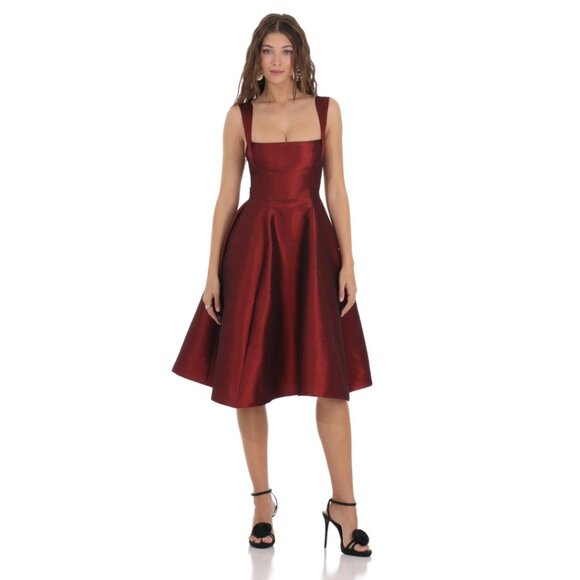 💙💖 Lucy in the Sky Maroon Flare Bow Tie Open Back Midi Dress - Picture 2 of 6